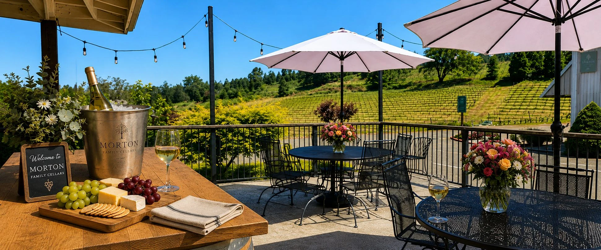 The patio at Morton Family Cellars on a sunny summer afternoon, overlooking Biama Vineyard