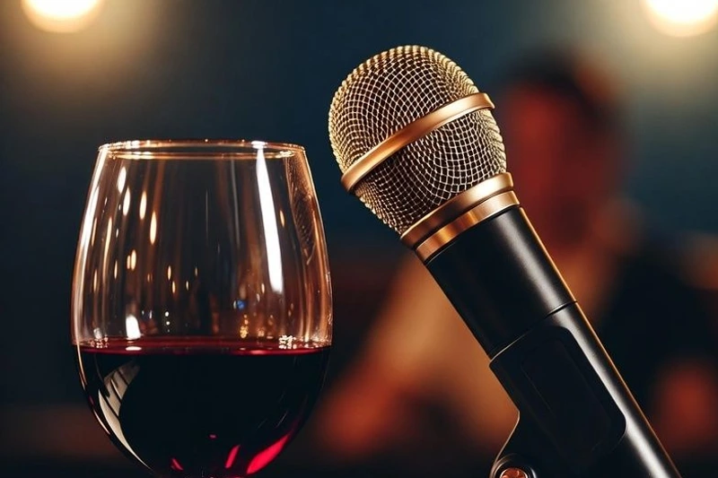 A glass of red wine beside a microphone at Friday Night Karaoke, Morton Family Cellars